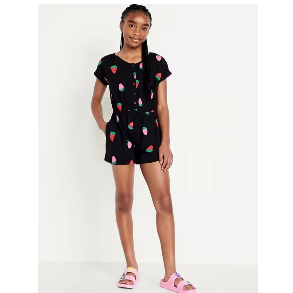 Old Navy Printed Short-Sleeve Button-Front Strawberry Print Romper for Girls